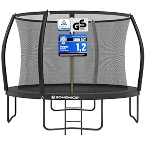 SONGMICS Trampolin 305 cm d, Gartentrampolin für Kinder mit Sicherheitsnetz, 180 cm hohe Gebogene Stangen, Randabdeckung, Leiter, Stahlrahmen, schwarz STR102B01
