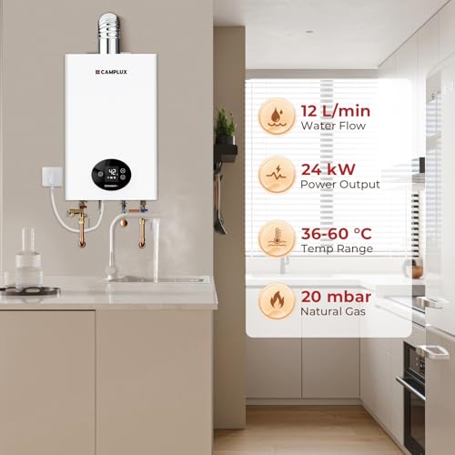 CAMPLUX Climitech 4 Gasdurchlauferhitzer Erdgas 12 L/Min, Indoor Gasdusche für Küche/Bad, 20 mbar, LPG, GX318NG