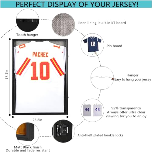 Image of Grintus Large Jersey Frame Display Case Jersey Display Case Jersey Shadow Box with Uv Protection Acrylic and Hanger for Baseball Basketball Football Soccer Hockey Sport Shirt and Uniform,LinenBack