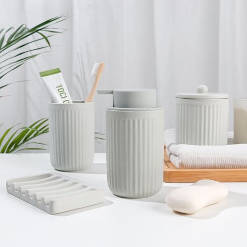 Image of BosilunLife Light Grey Ceramic Bathroom Accessories Set of 4 | Bathroom Decor Sets Accessories Bathroom Lotion Soap Dispenser and Toothbrush Holder Set, Soap Dish, Apothecary Jars.(Liquid)