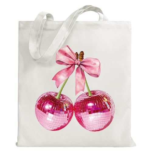 Pink Disco Cherry Canvas Tote Bag for Woman Lady, 14x16 Inch Perfect for Friends BFF Sister Birthday Gift