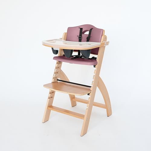Image of Abiie Beyond Junior Wooden High Chair for Babies and Toddlers - Convertible 3-in-1 Baby Highchair with Removable Tray - 6 Months to 250 Lb - Water Resistant - Natural Wood with Dusty Pink Cushion