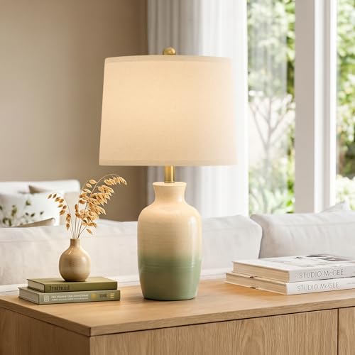 PoKat 24'' Farmhouse Living Room Lamp with Soft Ombre Finish, Modern Hand-Textured Table Lamps for Bedroom, Organic Bedside Lamps for Nightstand Office Guest Room Entryway Gift (Beige and Green)