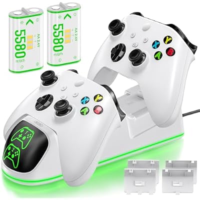 OIVO Controller Charging Dock with 2 x 5580mWh Rechargeable Battery Packs for Xbox One/X box Series X/S, Twin xbox Charger Dock with Rechargeable Battery Packs, White
