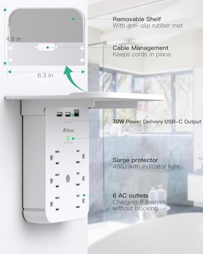 Image of Wall Outlet Extender with Shelf, Surge Protector 6 AC Multi Plug Outlet, PD 30W USB Charger Station Splitter Expander for Home Room