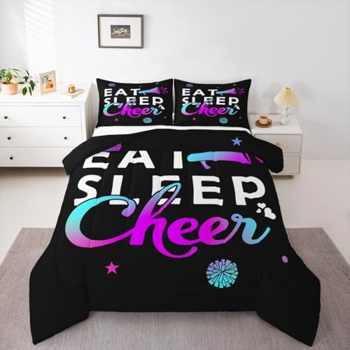 Image of Feelyou Girls Cheerleading Comforter Set Toddler Size for Girls Boys Eat Sleep Cheer Comforter Gymnastics Dancing Lovers Bedding Set Cheer Sports Purple Blue Duvet Set Quilt 2Pcs
