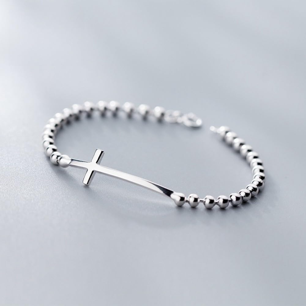QHQQXN MOCHAMIK Argento Sterling, Delicati Braccialetti in Argento da Donna S925 Argento Lucido Perline Braccialetti con Ciondolo a Croce Braccialetti con Chiusura a Moschettone Gioielli in Argento