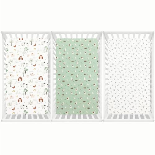 Image of david's kids 3 Pack Mini Crib Sheets, Soft Breathable Premium Pack N Play Sheets for Baby Boys Girls Neutral, Playard and Mini Crib Mattresses, Farm
