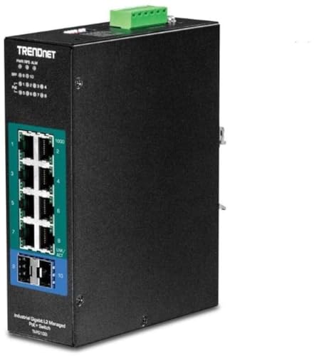 Image of TRENDnet 10-Port Industrial Gigabit L2 Managed PoE+ DIN-Rail Switch, 8 x Gigabit PoE+ Ports, DIN-Rail Mount, 2 x SFP Slots, 24-57V DC Power Input, IP30, VLAN, Lifetime Protection, Black, TI-PG102i