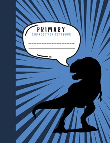 Primary Composition Notebook: Draw and Write Story Journal With Dotted Midline and Picture Space, 100 Pages, Blue Comic Book Dinosaur