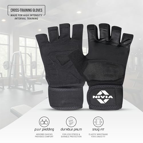 Image of Nivia Enduro Gym Gloves with Wrist Support for Men & Women, Leather Palm & Mesh Back for Breathability, Ideal for Weightlifting, Training, Crossfit & Home Fitness Equipment (Black, M)