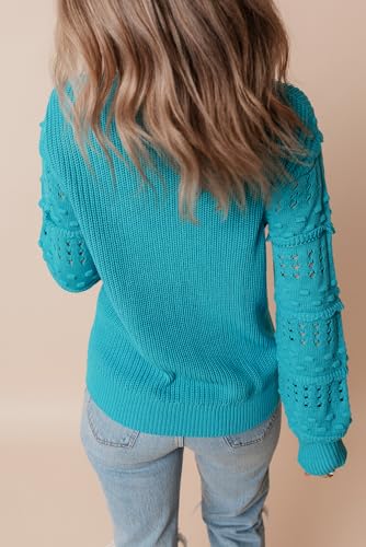 Women's Turquoise Ruffled Eyelet Bubble Sleeve Knit Sweater2