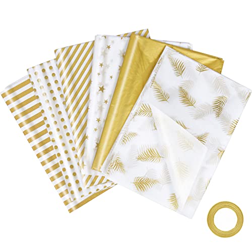 LAITER 60 Stück Seidenpapier Gold Weiß 50x70cm Geshenkpapier mit Geschenkband Metallic Gechenkverpackung Verpackungsmaterial für Geburtstagsgeschenk DIY Bastelarbeiten Cover