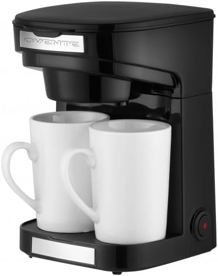 OVENTE Double Drip Coffee Maker with 2 Ceramic Mugs and Auto Shut Off, Small Dual Drip Coffee Maker Machine Works with Ground Coffee Only, Compact Kitchen or Office Essential, Black CMDD2MB