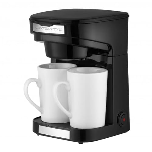 OVENTE Double Drip Coffee Maker with 2 Ceramic Mugs and Auto Shut Off, Small Dual Drip Coffee Maker Machine Works with Ground Coffee Only, Compact Kitchen or Office Essential, Black CMDD2MB