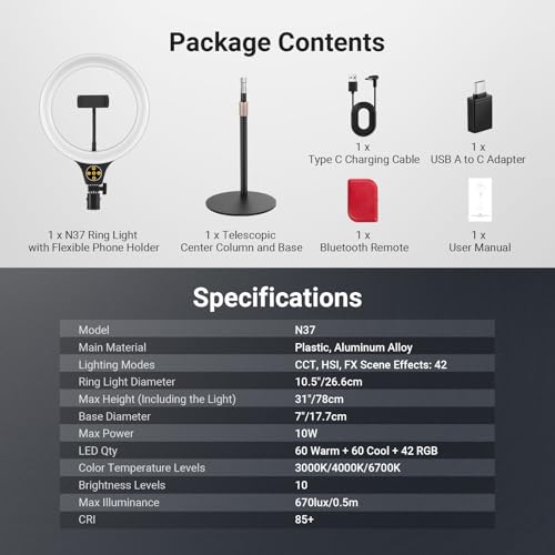 NEEWER ENTRY LEVEL VERSION N37 10.5" RGB Ring Light with Desktop Stand/Phone Holder Compatible with iPhone/Remote, 10W CRI85+ LED Lighting for TikTok YouTube Streaming Recording Laptop Zoom Video Call - image 9