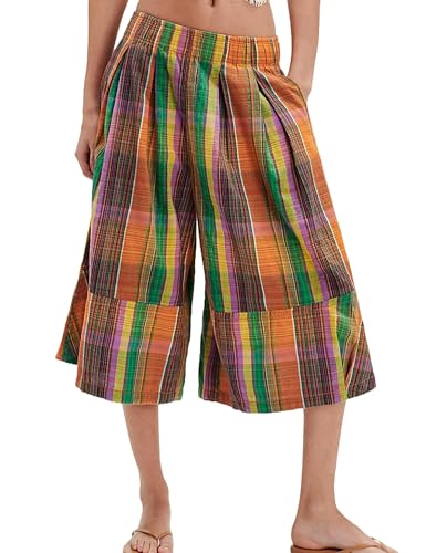 Women’s Summer Plaid Culotte Pants Loose Wide Leg Gingham Capri Pant Casual Baggy Cropped Palazzo Trouser with Pocket