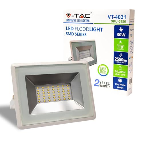 V-TAC VT-4031 - Faretto led da esterno, 30W con Chip Smd, (luce bianco Naturale IP65 Vetro 2550Lm, 4000K), Bianco, 185 x 163 x 26 mm