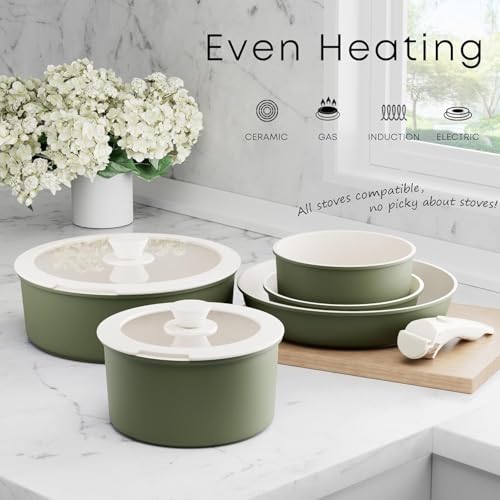Image of Caannasweis Detachable Nonstick Cookware Set - Stackable Induction Pots and Pans With Removable Handles, Dishwasher Safe - For RV Camping, Oven and Stovetop Use, 5 Pieces (Green)