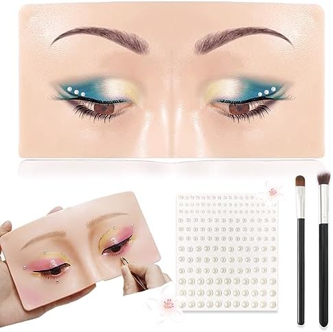 Silicone Makeup Practice Face Board for Artists and Beginners - With Eyeshadow Brushes and 165Pcs Pearl Stickers (White)