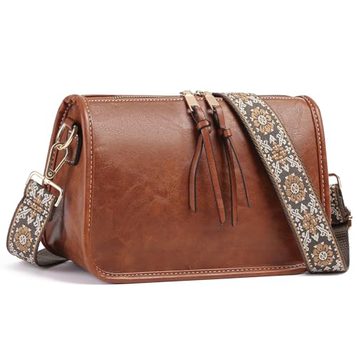 SENDEFN Crossbody Bag for Women PU Leather Bohemian Vintage Stylish Purses Shoulder Handbags with Adjustable Guitar Strap