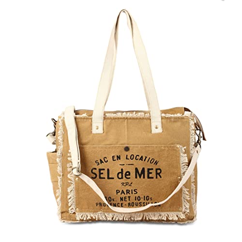 SEL de MER Upcycled Large Canvas Crossbody/shoulder Bag for women with removable shoulder strap canvas tote boho handbag (Khakhi)