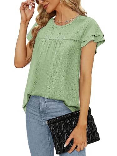 Zwurew Eyelet Tops for Women Casual Summer Tunics for Leggings Eyelet Ruffle Sleeve Shirts Yellow Green XXL — view 2