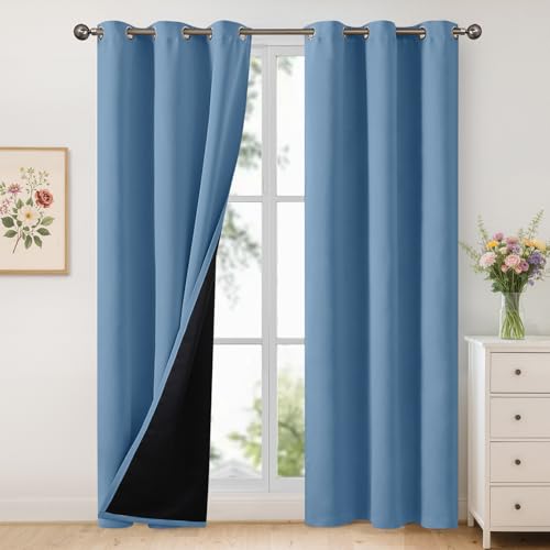 Image of YoungsTex 100% Blackout Curtains 84 Inch Length for Bedroom Window, Thermal Insulated Drapes with Grommet Heat Blocking for Living Room, Denim Blue, 2 Panels, 42 X 84 Inch