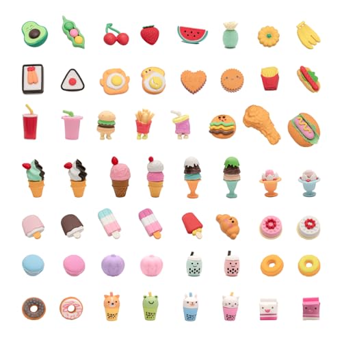 CLOCK KING 56Pcs 3D Food Erasers for Kids, All are Food Styles, Random Desktop Pets Toys Gifts, Mini Puzzle Classroom Rewards, Kids Party Favors Back to School Supplies