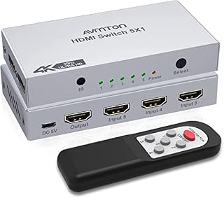 AVMTON Rozdzielacz HDMI, przełącznik 4K, 30 Hz, rozgałęźnik HDMI, przełącznik HDMI z pilotem zdalnego sterowania, 5 w 1, do projektora