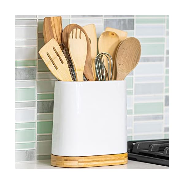 DAILY RITMO Large Kitchen Utensil Holder for Countertop with Bamboo Wooden Base | Minimalistic Cooking Utensils | Farmhouse White Ceramic Tool Spatula Crock | Cylindrical Oval Shape DAILY RITMO Large Kitchen Utensil Holder for Countertop with Bamboo Wooden Base | Minimalistic Cooking Utensils | Farmhouse White Ceramic Tool Spatula Crock | Cylindrical Oval Shape