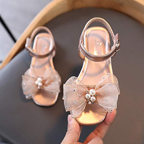 Children Sandals Soft-Soled Princess Shoes Slippers Pearl Children Non-Slip Bowkont Flat Girl's (Gold, 10.5-11Years)2