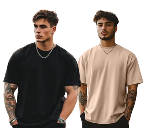 Image of Veirdo Solid Oversized 100% Pure Cotton Combo T-Shirt for Men & Boys (Half Sleeves, Round Neck, Drop Shoulder, Baggy Fit, Pack of 2, Available in S to 2XL