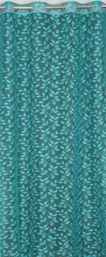 Image of Leaves Design Semi Transparent Window Curtain 7 feet Long Set of 3 pcs Drawing Room Parde | Pooja Room Curtain Panel | Sheer Curtain, Firozi Color