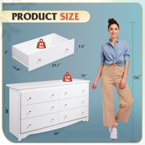 WLIVE White Dresser for Bedroom, 59“ Wide Chest of Drawers with 6 Drawer, Wood Long Nightstand with Drawers, Modern Large Storage Tower Unit, Closet Store Organizer for Living Room, Hallway