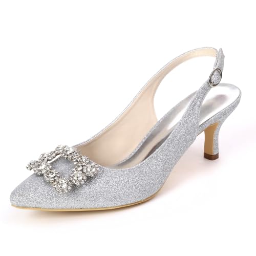 Mujer Tacón De Gatito Destalonadas Sandalias De Boda Sin Cordones Zapatos De Novia con Diamantes De Imitación Punta Puntiaguda Zapatos De Vestir De Fiesta De Graduación,Plata,41 EU