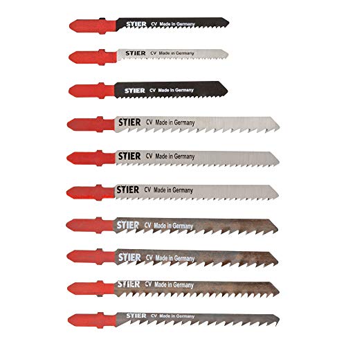 STIER Stichsägeblatt Set für Holz, 10-teilig, schneller sauberer Schnitt, gerader Schnitt, Kurvenschnitt, rauer Schnitt, für Weichhol, Sperrholz, MDF, Konstruktionsholz, Küchenarbeitsplatten