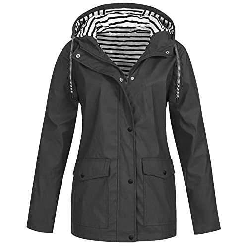 Veste à capuche pour femme - Veste coupe-vent - Doublure rayée - Coupe-vent - Imperméable - Avec poches - Veste softshell - Pour femme, gris foncé, XL