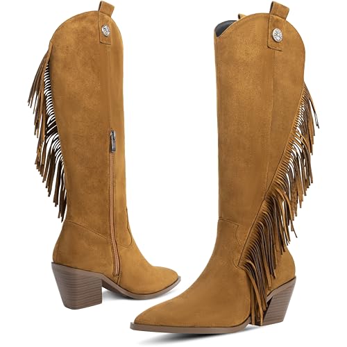 Knee High Boots for Women Fashion Fringe Boots Suede Pointed Toe Chunky Heel Tall Boot With Side Zipper Daily For Fall Winter3