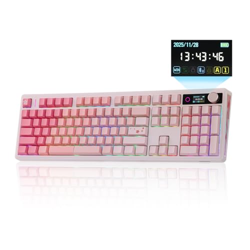Image of EPOMAKER TH108 V2 PRO Full-Size Mechanical Keyboard with Screen & Knob, 10000mAh, BT /2.4GHz, Mac Modifier PBT Keycap, Hot-Swap, RGB, Gasket, Wireless Gaming Keyboard (Pink, Creamy Jade)