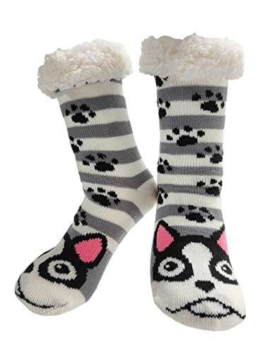 Glestore Womens Slipper Fuzzy Socks Winter Fleece Lining Knit Non Slip Animal Socks Fluffy Cozy Christmas Home Socks Striped Dog #TOP23