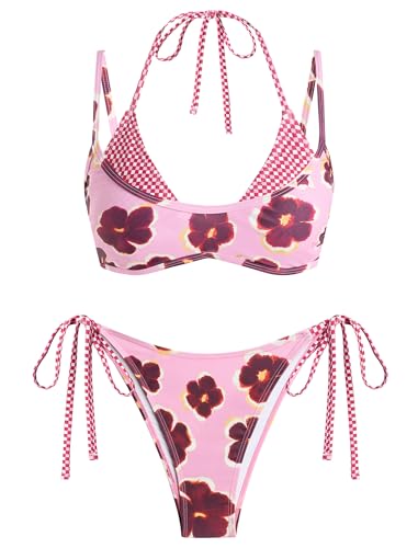 Image of ZAFUL Women's Polka Dot Bikini Set Double Layer Halter Swimsuit Colorblock Side Tie 2 Piece Bathing Suit