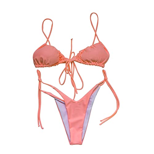 Conjunto De Bikini Cintura Alta Triángulo Liso for Mujer, Traje Baño Sexy Dos Piezas con Tirantes Push-up, Cordones, Tanga Corte Alto(F,M)