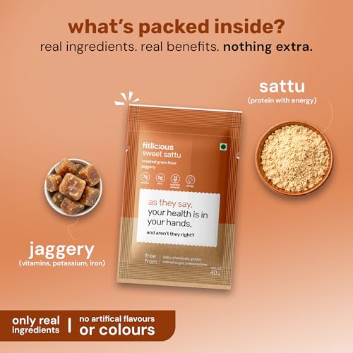 Image of fitlicious Sweet Sattu Powder | Bihari Chana Sattu | Natural & Organic | Gluten-Free, Non-GMO | High Protein & Fiber | Instant PremiX | Healthy Drink For All Ages | Pack Of 10 X 40g Sachets