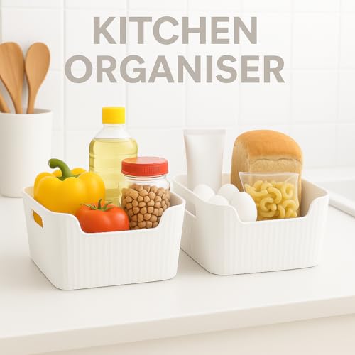 Image of Plastic Storage Box with Lid - Large Stackable Organizer Storage Box for Clothes, Toys, Kitchen - Big Size Plastic Storage Container Basket for Home, Office, Bathroom(Smal,Pack of 8,White)