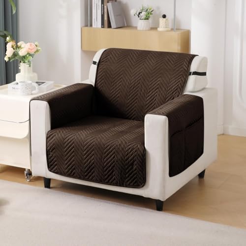 Image of HOKIPO 1 Seater Quilted Sofa Cover with Pockets, Dark Coffee (NEW3-801-DCF)