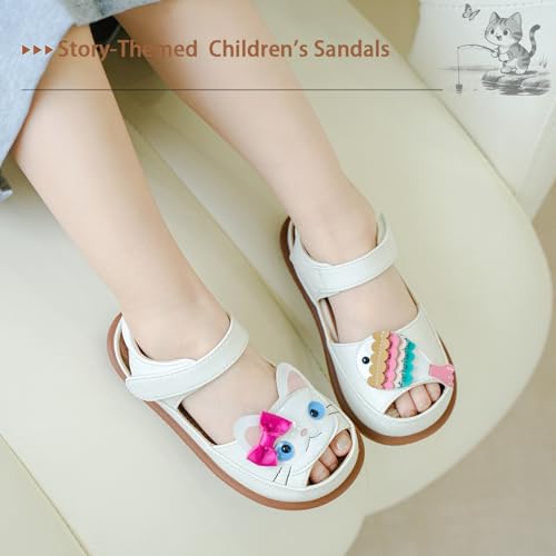 Toddler Girl Sandals with Kitten Fishing Pattern, Little Girls Closed Toe Sandals, Breathable Leather Kids Summer Shoes Ages 2-7 (White, Toddler, 7)4