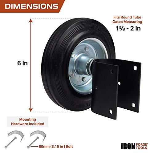 Image of Iron Forge Tools 6 Inch Hard Rubber Side Mount Rolling Tube Gate Wheel - Heavy Duty Wheels for Metal Tube Gates, Round Fence, Farm Gate Wheel - 1-5 /8 to 2 Inches in Diameter