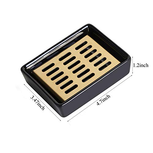 Raikedr Ceramic Soap Dish Stainless Steel Soap Holder For Bathroom, Soap Dish With Drain, Soap Saver, Easy Cleaning, Stop Mushy Soap (Black, 4.7" × 3.6" × 1.18") #TOP1