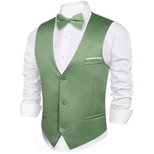 Image of Barry.Wang Mens Suit Vest Bow Tie Set 4PCS Formal V-neck Slim Fit Casual Solid Color Waistcoat Wedding Party Tuxedo